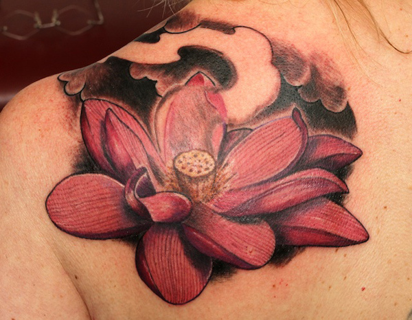 Inspiring 3D Japanese Lotus Flower Tattoo On Left Back Shoulder By Jackie Rabbit