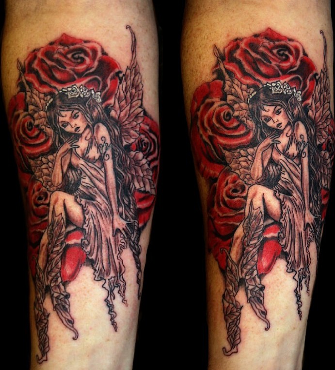 Inspiring Fairy With Roses Tattoo On Right Sleeve By Mike