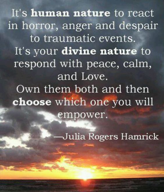 It's human nature to react in horror, anger, and despair to traumatic events. It's your divine nature to respond with peace, calm and love... JUlia Rogers Hamrick