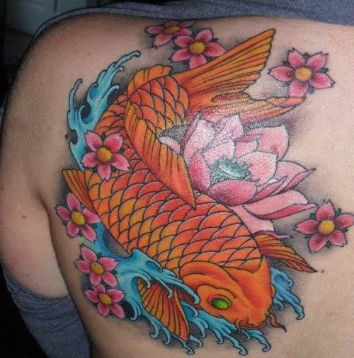 Japanese Koi Fish With Lotus Flowers Tattoo On Left Back Shoulder