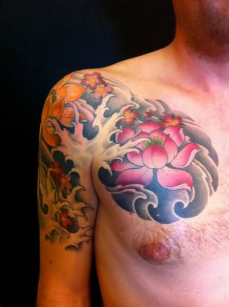 Japanese Lotus Flowers Tattoo On Man Right Shoulder And Chest
