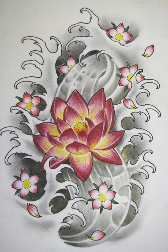 Japanese Lotus With Cherry Blossom Tattoo Design