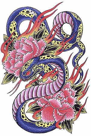 Japanese Snake With Flowers Tattoo Design