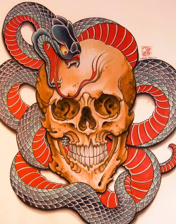 Japanese Snake With Skull Tattoo Design by Aaron Bell
