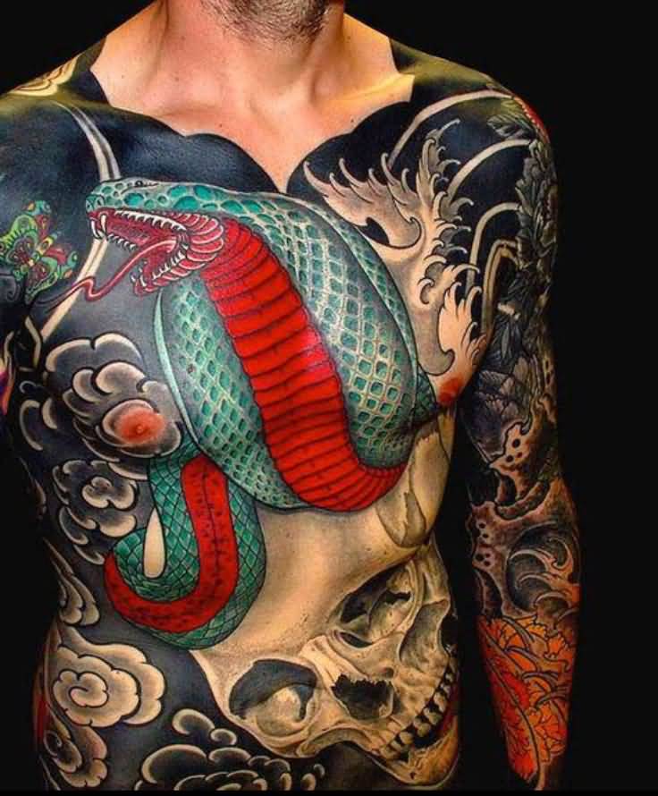 Japanese Snake With Skull Tattoo On Man Full Body