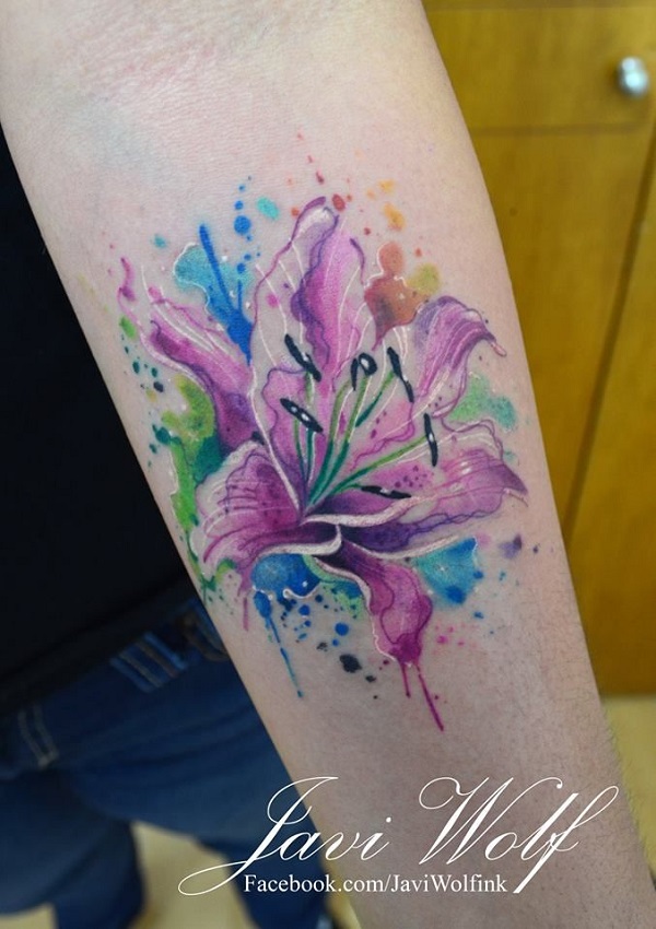 Javi Wolf Watercolor Lily Tattoo On Left Forearm