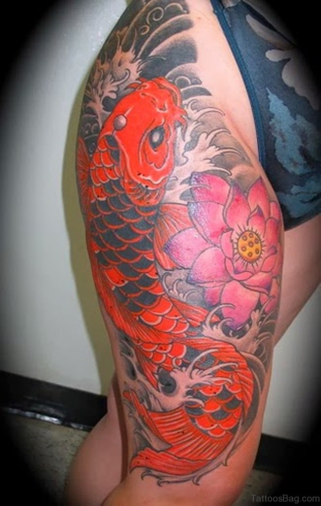 Koi Fish With Lotus Flower Tattoo On Right Thigh