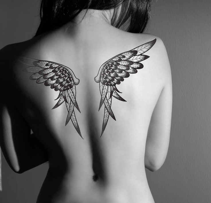 Latest Black Ink Fairy Wings Tattoo On Girl Upper Back
