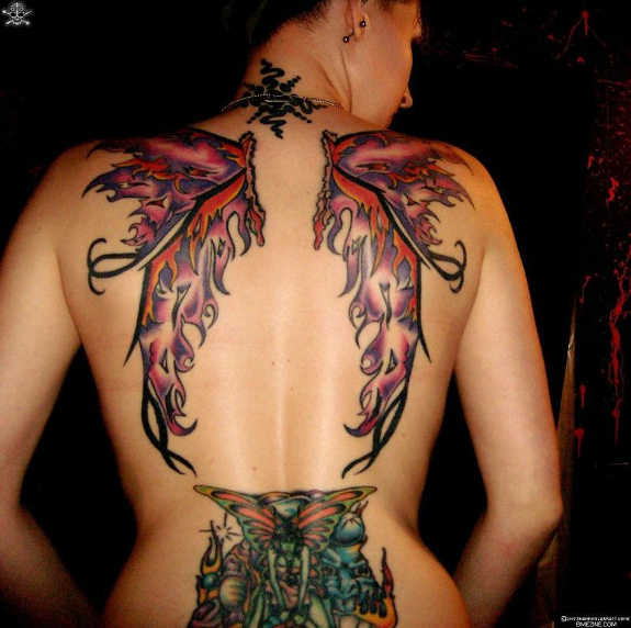 Latest Colorful Fairy Wings Tattoo On Upper Back