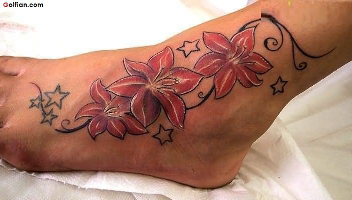 Left Ankle Stars And Lily Flowers Tattoos