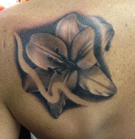 Left Back Shoulder Black And Grey Lily Tattoo