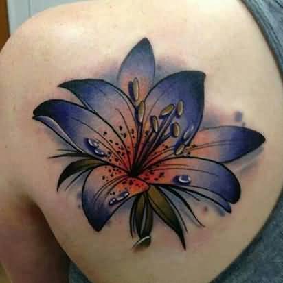 Left Back Shoulder Color Ink Lily Tattoo