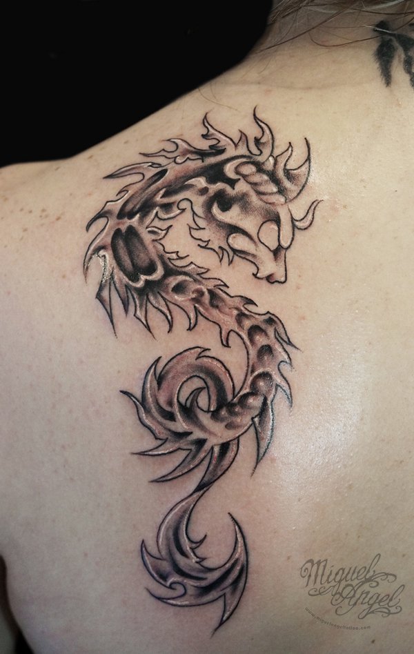 Left Back Shoulder Grey Ink Dragon Tattoo