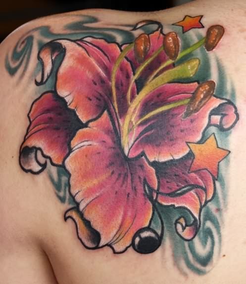 Left Back Shoulder Lily Flower Tattoo