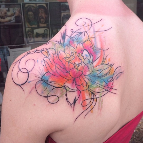 Left Back Shoulder Watercolor Lily Tattoo For Girls