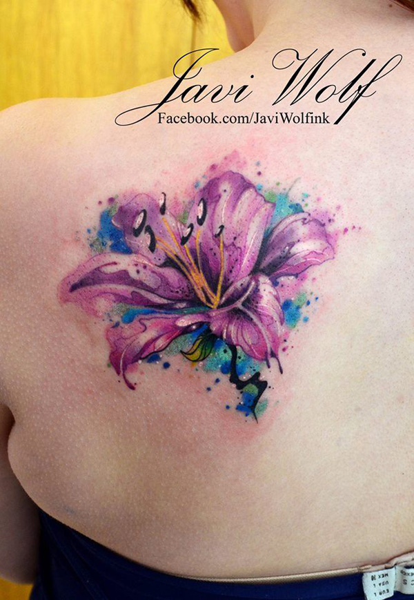 Left Back Shoulder Watercolor Lily Tattoo