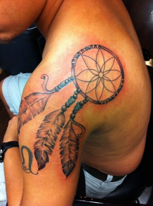 Left Shoulder Grey Ink Dreamcatcher Tattoo