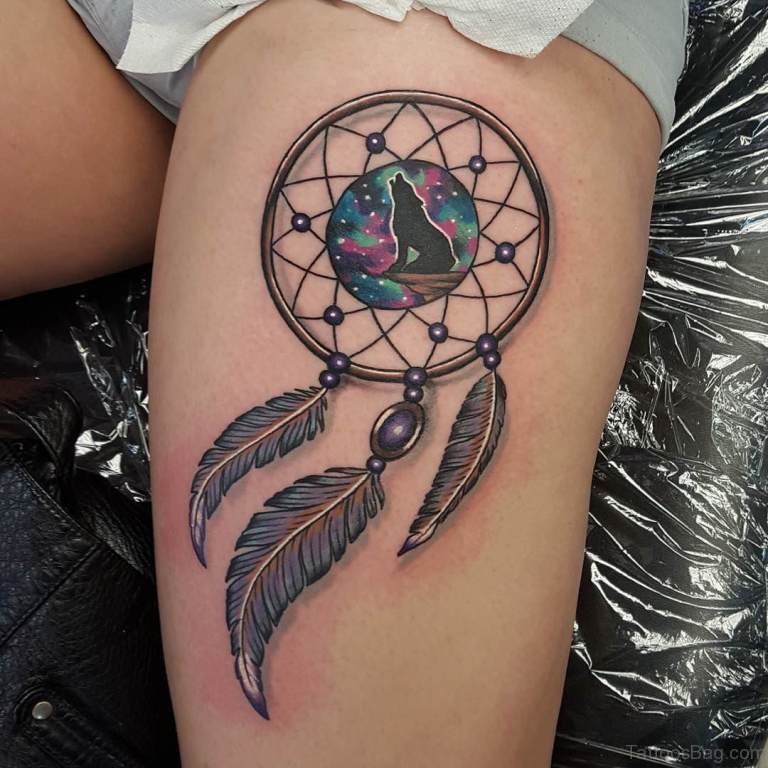 Left Thigh Colorful Dreamcatcher Tattoo