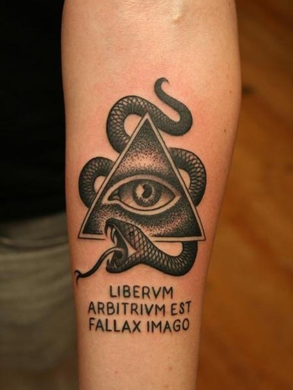 Libervm Arbitrivm Est Fallax Imago - Black Ink Dotwork Illuminati Eye With Snake Tattoo On Right Forearm