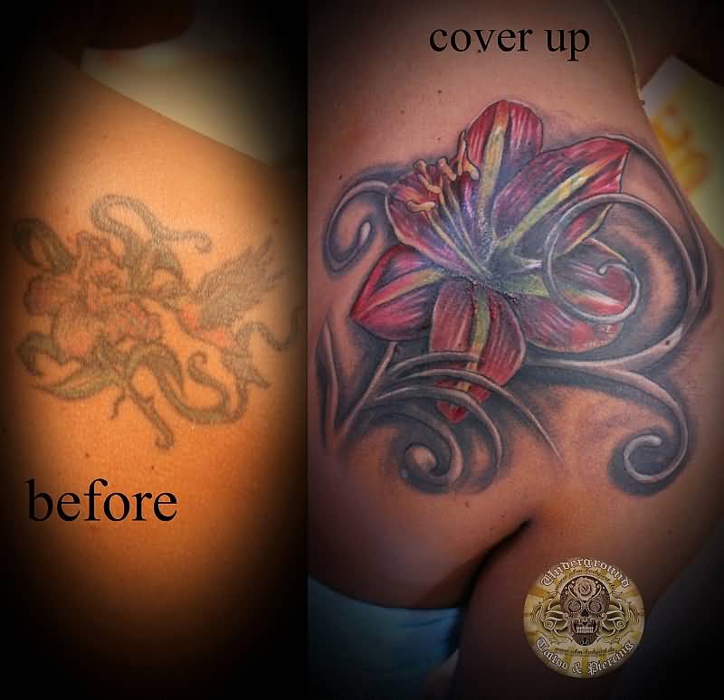 Lily Cover Up Tattoo On Girl Right Back Shoulder