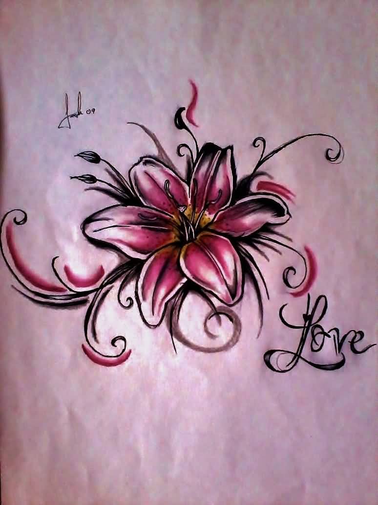 Lily Flower And Love Tattoo Design