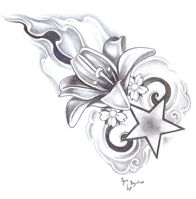 Lily Flower And Star Tattoo Design by Bogdanpo