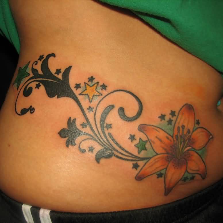 Lily Flower And Star Tattoo On Hip For Girls