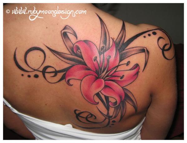 Lily Flower Tattoo On Right Back Shoulder