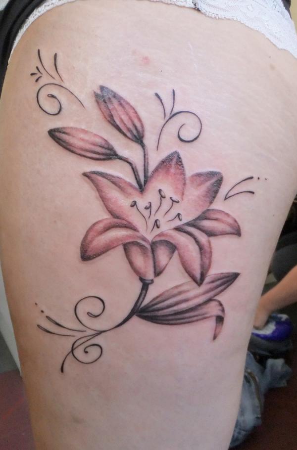 Lily Flower Tattoo On Side Leg