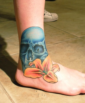 Lily Flower With Skull Cover Up  Tattoo On Right Ankle
