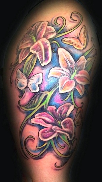 Lily Flowers With Butterflies Tattoo Design For Half Sleeve