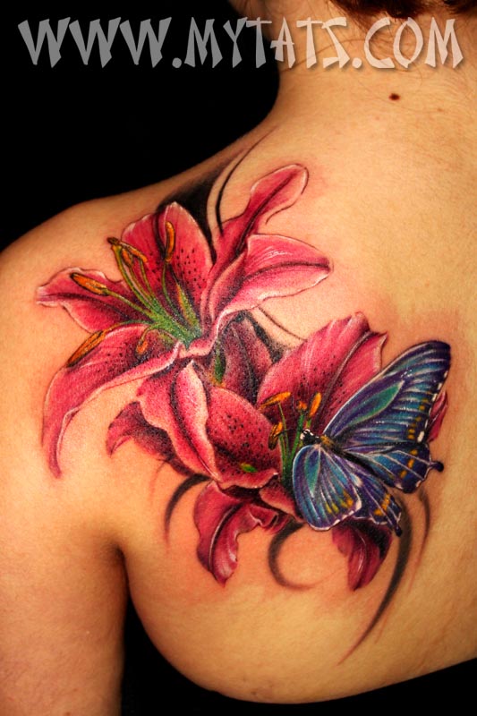 Lily Flowers With Butterfly Tattoo On Left Back Shoulder