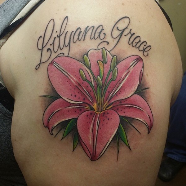 Lilyana Grace Lily Flower Tattoo On Left Shoulder