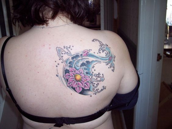 Lotus Flower In Water Tattoo On Women Right Back Shoulder