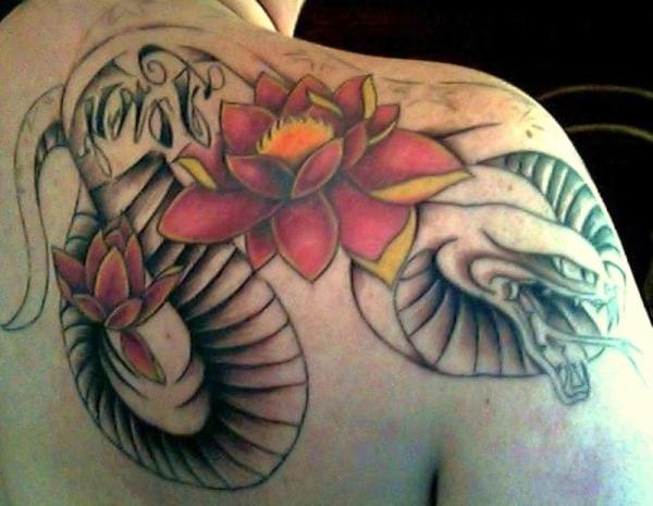 Lotus Flower With Snake Tattoo On Right Back Shoulder