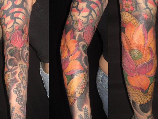 Lotus Flower With Snake Tattoo On Right Full Sleeve