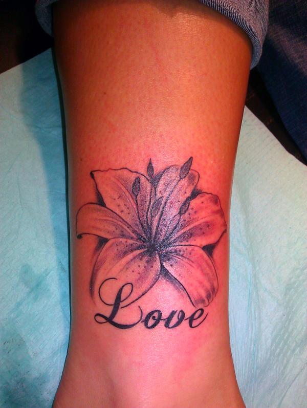 Love Lily Flower Tattoo On Leg