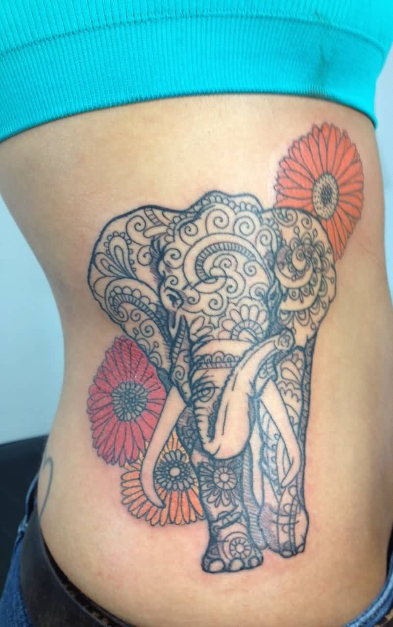 Mandala Elephant With Flowers Tattoo On Girl Right Side Rib