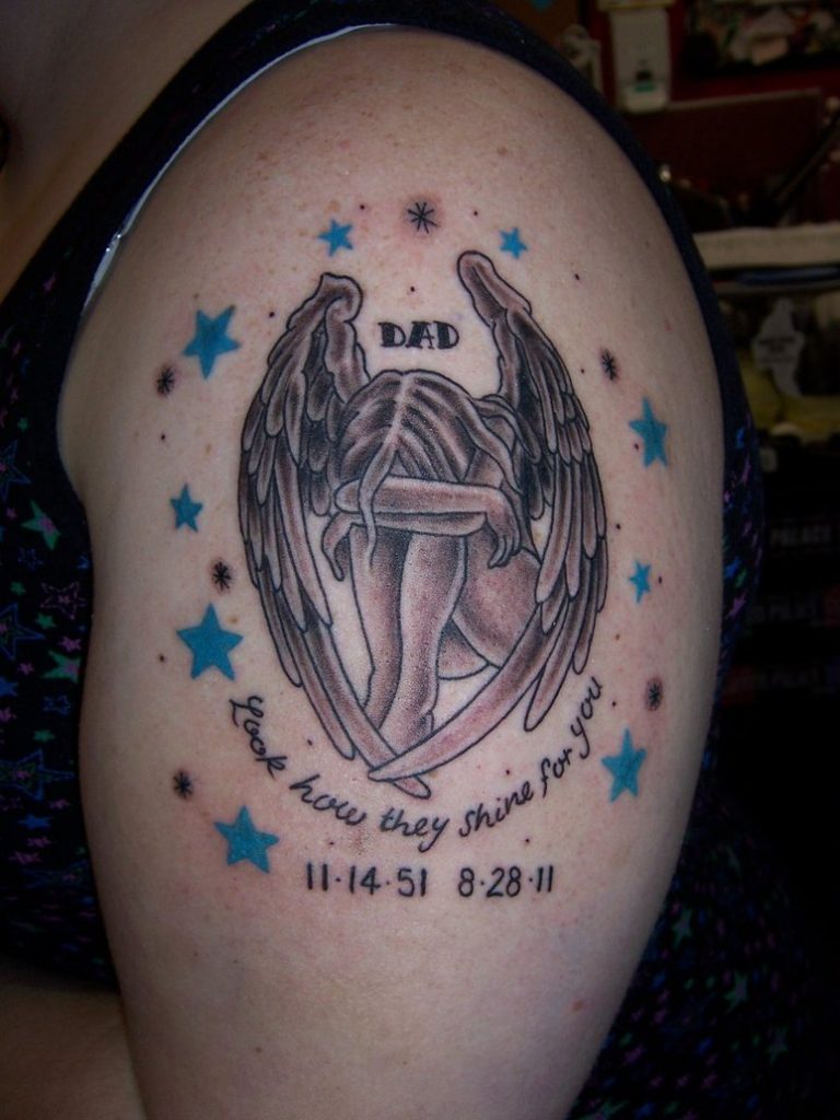 Memorial Fairy Tattoo On Women Left Upper Arm