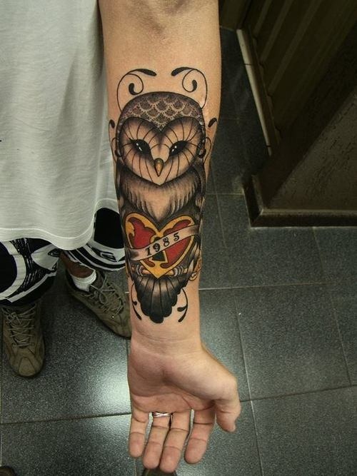 Memorial Owl With Heart Lock Tattoo On Left Wrist