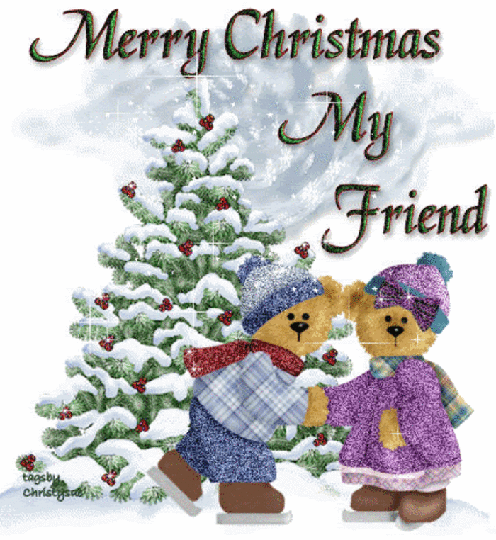 Merry Christmas My Friend Teddy Bear Couple Glitter
