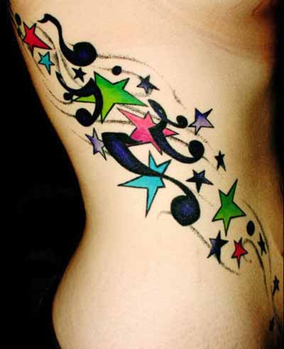 Music Notes And Color Star Tattoos On Side Rib