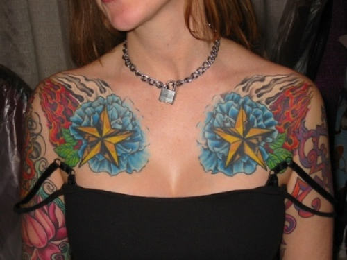 Nautical Star Tattoos On Front Shoulders