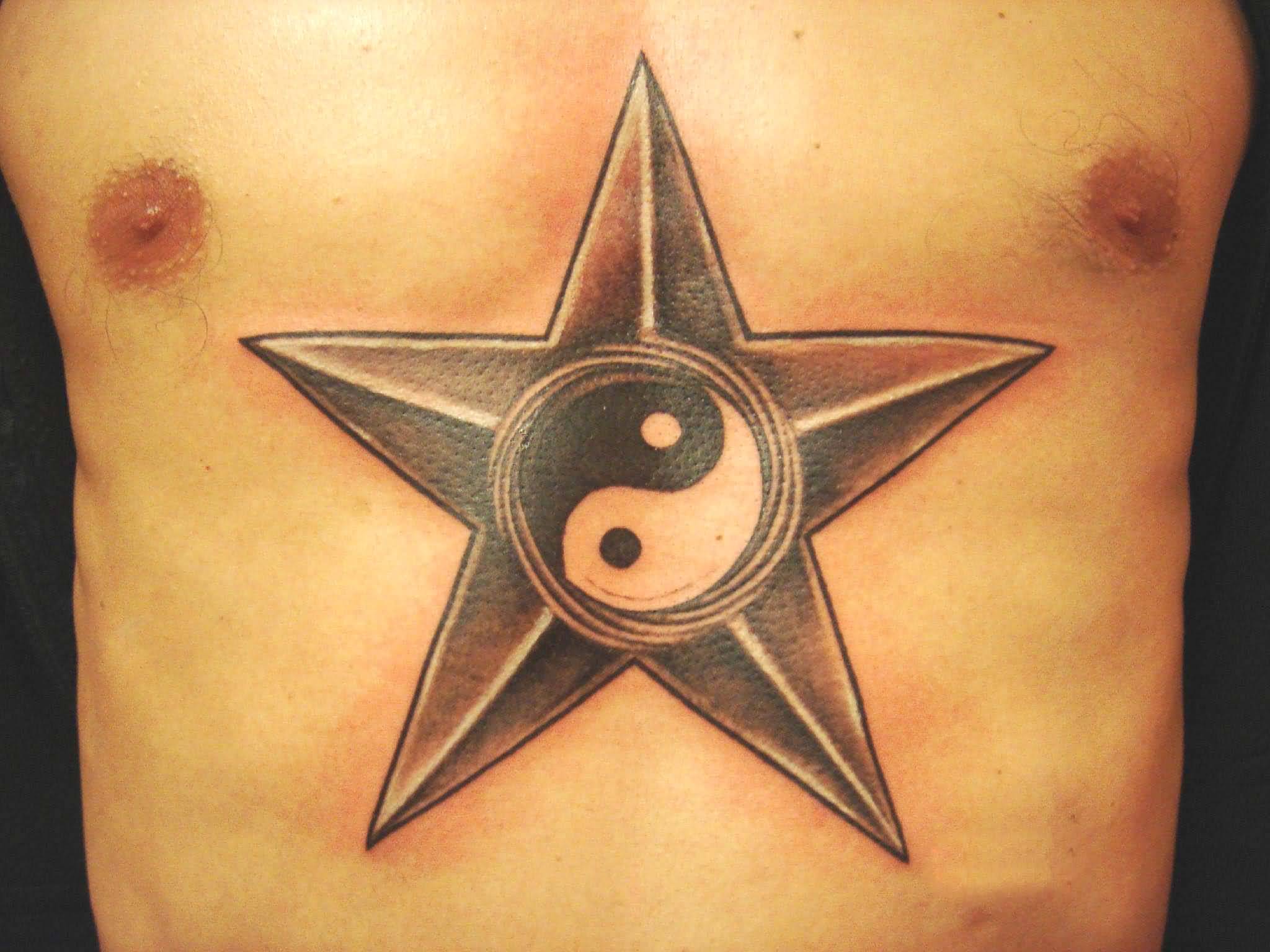 Nautical Star With Yin Yang Tattoo On Stomach