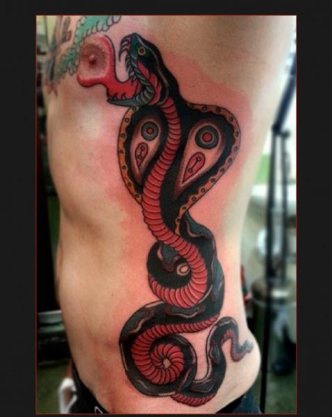 Neo Traditional Cobra Snake Tattoo On Man Left Side Rib