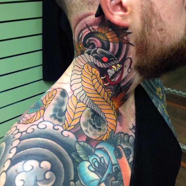 Neo Traditional Cobra Snake Tattoo On Man Side Neck