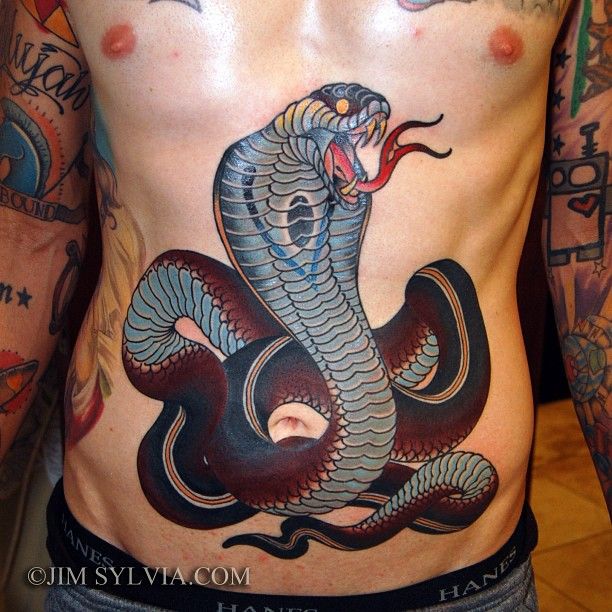 Neo Traditional Cobra Snake Tattoo On Man Stomach