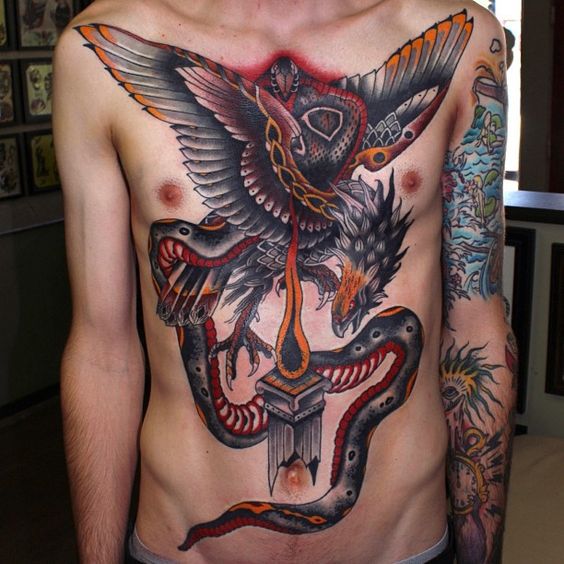 Neo Traditional Eagle With Snake Tattoo On Man Full Body