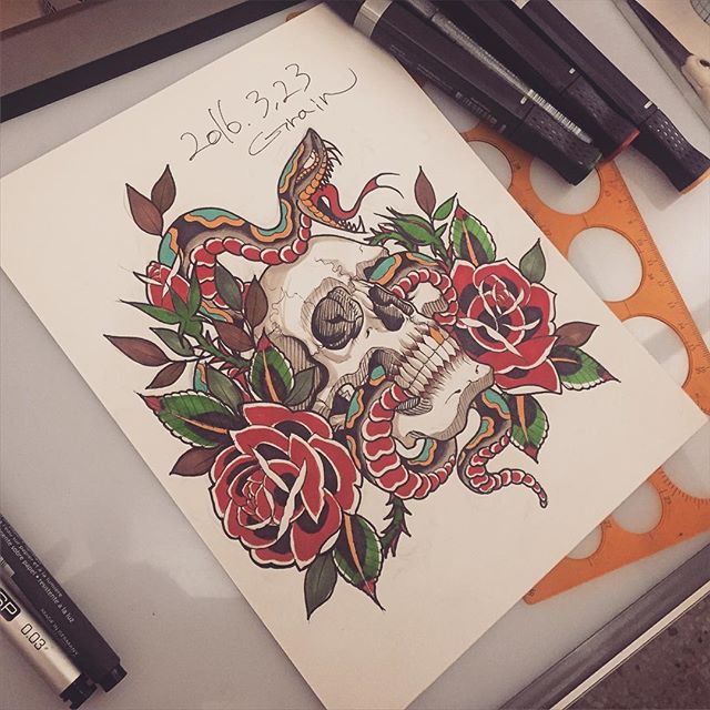 Neo Traditional Snake In Skull With Rose Tattoo Design
