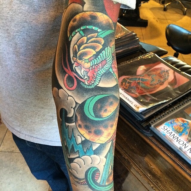 Neo Traditional Snake Tattoo On Right Full Sleeve